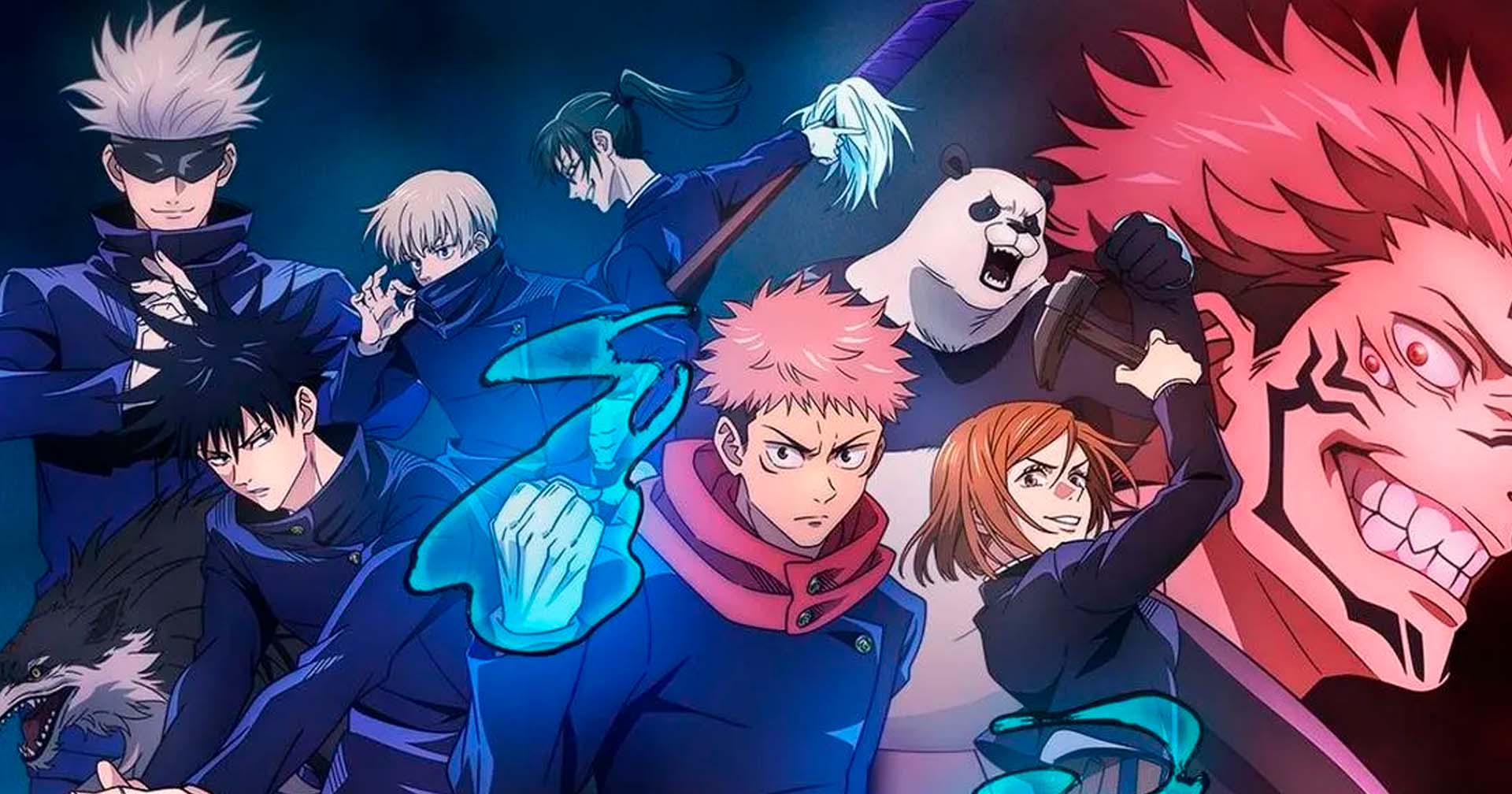 Personagens principais de Jujutsu Kaisen em uma cena de ação.