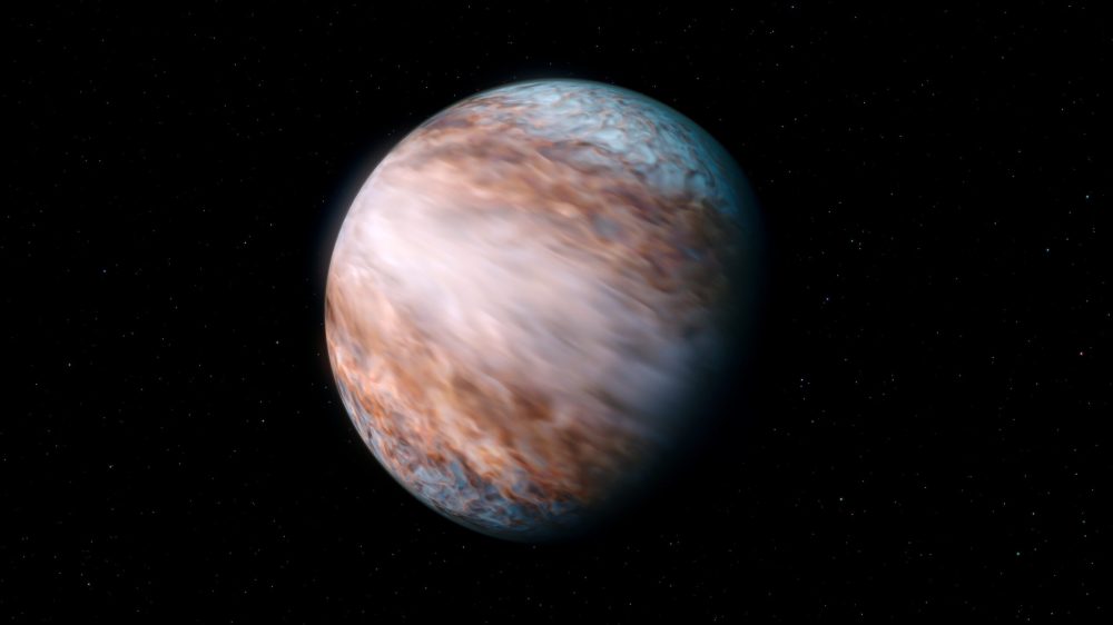 This artist’s visualisation of WASP-127b, a giant gas planet located about 520 light-years from Earth, shows its newly discovered supersonic jet winds that move around the planet’s equator. With a speed of 9 km per second (33 000 km/h), this is the fastest jetstream of its kind ever measured in the Universe. By tracking the speed of molecules in the atmosphere with the CRIRES+ instrument on ESO’s Very Large Telescope, researchers found that one side of the planet’s atmosphere is moving towards us and the other away from us. This indicates that there is a powerful wind current going around the planet. 