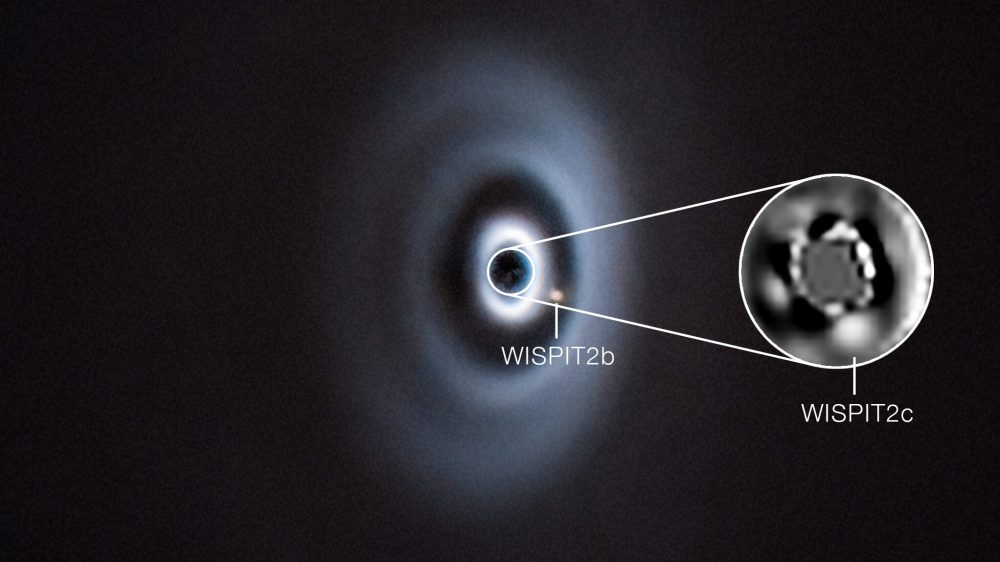 This image, taken with ESO’s Very Large Telescope (VLT) shows a planetary system being born around the young star WISPIT 2. The star is surrounded by a disc of gas and dust –– the raw material out of which planets form and grow. In 2025 a team of astronomers detected a young planet, called WISPIT 2b, carving out a gap in the disc around the star. Now the same team has confirmed the presence of a second planet, WISPIT 2c, orbiting even closer to the star, as shown in the inset.     Both planets are gas giants, similar to Jupiter. WISPIT 2b is almost five times as massive as Jupiter, and orbits the star at a distance 60 times larger than the separation between Earth and the Sun. WISPIT 2c is twice as massive as 2b and orbits the star four times closer.    The images shown here were taken with the SPHERE instrument at the VLT. SPHERE can correct the blur caused by atmospheric turbulence, as well as block the light of the central star, revealing the faint disc and planets around it in great detail. A different instrument, GRAVITY+ on the VLT Interferometer, was also used in the discovery, helping confirm the planetary nature of the observed object. 